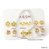 Six Pairs Mixed Snap Cut Crown / Snowflake Stud Earrings Goldtone