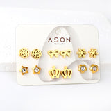 Six Pairs Mixed Snap Cut Crown / Snowflake Stud Earrings Goldtone