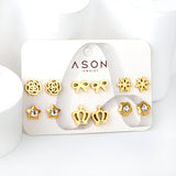 Six Pairs Mixed Snap Cut Crown / Snowflake Stud Earrings Goldtone