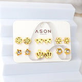 Six Pairs Mixed Snap Cut Crown / Snowflake Stud Earrings Goldtone