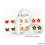 Six pairs mixed mounted snap cut butterfly / flower / diamond square stud earrings gold color