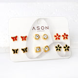 Six pairs mixed mounted snap cut butterfly / flower / diamond square stud earrings gold color