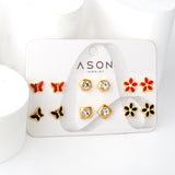 Six pairs mixed mounted snap cut butterfly / flower / diamond square stud earrings gold color