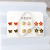 Six pairs mixed mounted snap cut butterfly / flower / diamond square stud earrings gold color