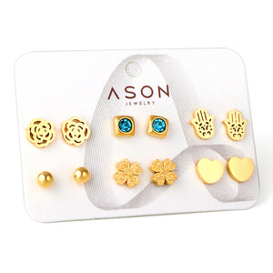 Six pairs of mixed card mounted cut-out palm / glossy heart stud earrings gold color