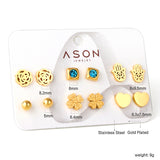 Six pairs of mixed card mounted cut-out palm / glossy heart stud earrings gold color