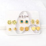 Six pairs of mixed card mounted cut-out palm / glossy heart stud earrings gold color