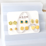 Six pairs of mixed card mounted cut-out palm / glossy heart stud earrings gold color