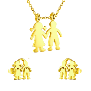 Gold cut boy and girl holding hands jewelry set without diamonds