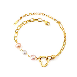 3 Mixed Colours Shaped Pearls + Heart Cutout + Steel Beads Accessories Bracelet 18+5cm