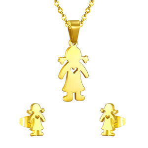 Gold/steel little girl's figure with hollow center cut jewelry set without diamonds