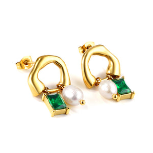 Shaped half circle with rectangular green diamonds + white pearl earrings