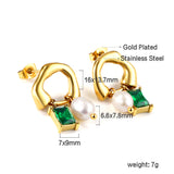 Shaped half circle with rectangular green diamonds + white pearl earrings