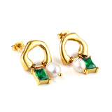 Shaped half circle with rectangular green diamonds + white pearl earrings