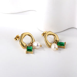 Shaped half circle with rectangular green diamonds + white pearl earrings