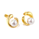 Shaped half circle with white pearl earrings 18k gold