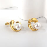 Shaped half circle with white pearl earrings 18k gold