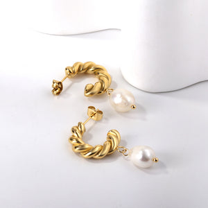 Half circle with white pearl earrings 18k gold