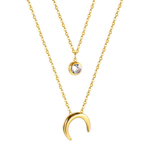 Colgante luna + diamante blanco doble cadena 48+5cm oro 18K