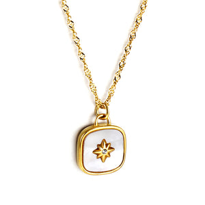 Square with white shell with lucky star with diamond pendant necklace 40+5cm 18K gold