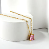 White & Pink & Olive Green Square Diamond Pendant Necklace 42+5cm