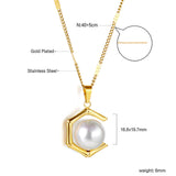 Pentagonal + white pearl pendant necklace 40+5cm