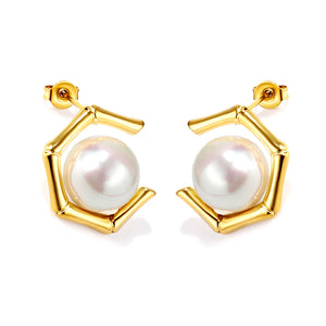 Pendientes Pentagonales + Perlas Blancas Oro 18k