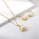 Pentagonal + white pearl pendant necklace 40+5cm