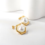 Pentagonal + White Pearl Earrings 18k Gold