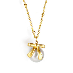 Bow + white pearl pendant necklace 40+5cm