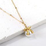 Bow + white pearl pendant necklace 40+5cm