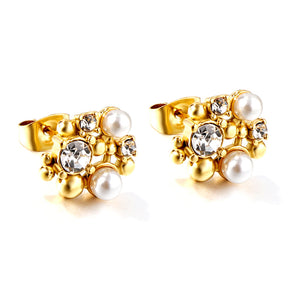 Shaped with steel beads + white diamonds + white pearl earrings 18k gold