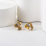 Shaped with steel beads + white diamonds + white pearl earrings 18k gold