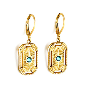 Aretes rectangulares con circonitas azules en oro de 18k