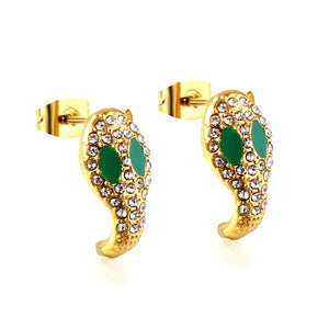 Snake with white diamonds + green diamonds earrings in 18k gold