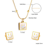 Square White Shell with Smiley Face Set Steel/Gold