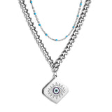 Square with Mixed Color Eye Pendant + Blue Bead Matching Chain Double Chain 50+44+5cm