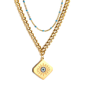 Square with Mixed Color Eye Pendant + Blue Bead Matching Chain Double Chain 50+44+5cm