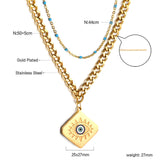 Square with Mixed Color Eye Pendant + Blue Bead Matching Chain Double Chain 50+44+5cm