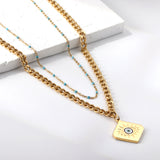 Square with Mixed Color Eye Pendant + Blue Bead Matching Chain Double Chain 50+44+5cm