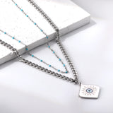 Square with Mixed Color Eye Pendant + Blue Bead Matching Chain Double Chain 50+44+5cm