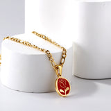 Oval Red Oil Drip with Rose Pendant Necklace 46+5cm Gold