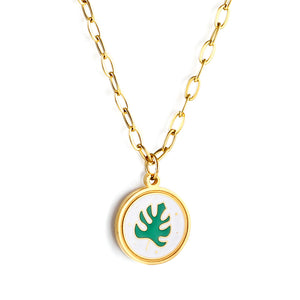 Round White Shell with Green Leaf Pendant Necklace 45+5cm