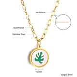 Round White Shell with Green Leaf Pendant Necklace 45+5cm