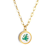 Round White Shell with Green Leaf Pendant Necklace 45+5cm