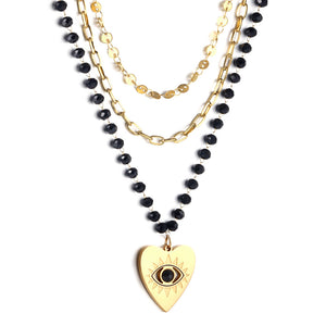 Heart with Black Eye Bead Pendant Black Bead Chain + Matching Chain + Matching Chain Triple Chain 52+44+38+5cm