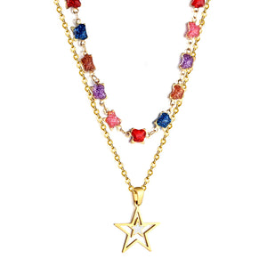 Star with White Oil Drops Star Pendant Black Bead Chain + Mixed Color Butterfly Shaped Double Chain 48+38+5cm