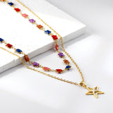 Star with White Oil Drops Star Pendant Black Bead Chain + Mixed Color Butterfly Shaped Double Chain 48+38+5cm