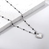 Heart shaped white oil drop pendant + black bead necklace 48+5cm