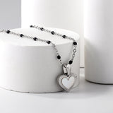 Heart shaped white oil drop pendant + black bead necklace 48+5cm